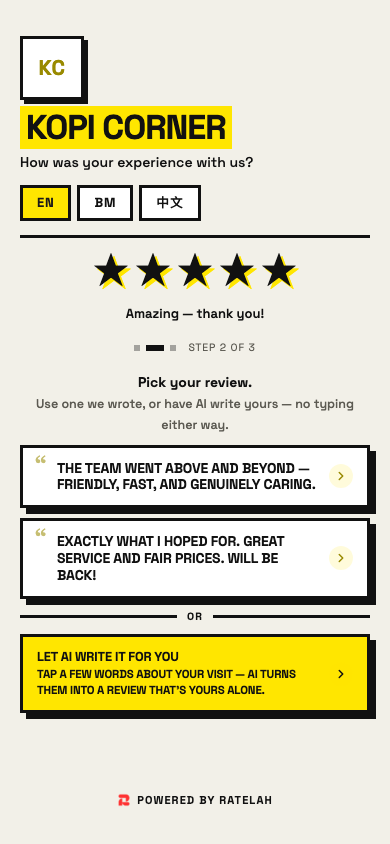 Neo-Brutalist review page for sample business Kopi Corner