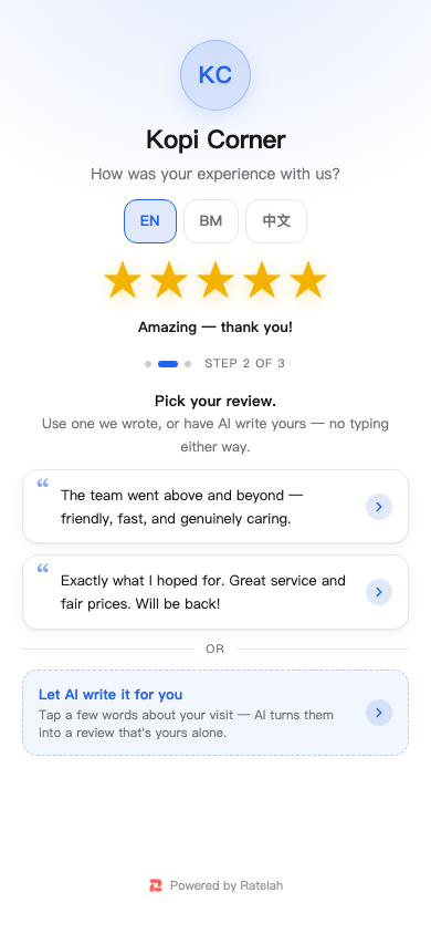 Ratelah Classic review page for sample business Kopi Corner