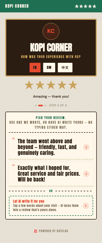 Kopitiam Signboard review page for sample business Kopi Corner