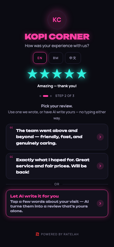 Night Market Neon review page for sample business Kopi Corner