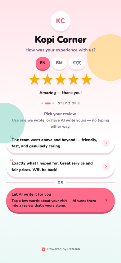 Soft Pastel review page for sample business Kopi Corner